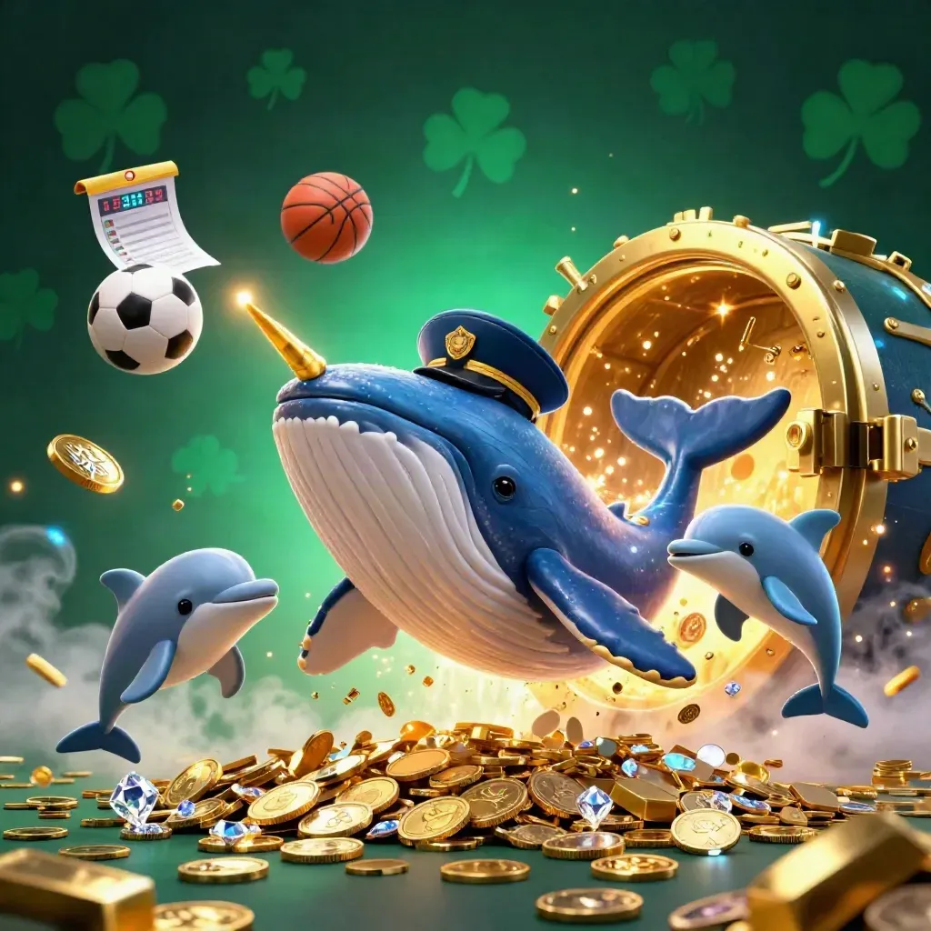 Cartoon whale captain, narwhal, dolphins and gold vault erupting with sports balls and coins.