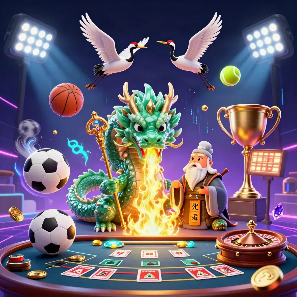 Emerald dragon, turtle sage, and cranes in a neon casino with sports balls, trophy, roulette, and cards.