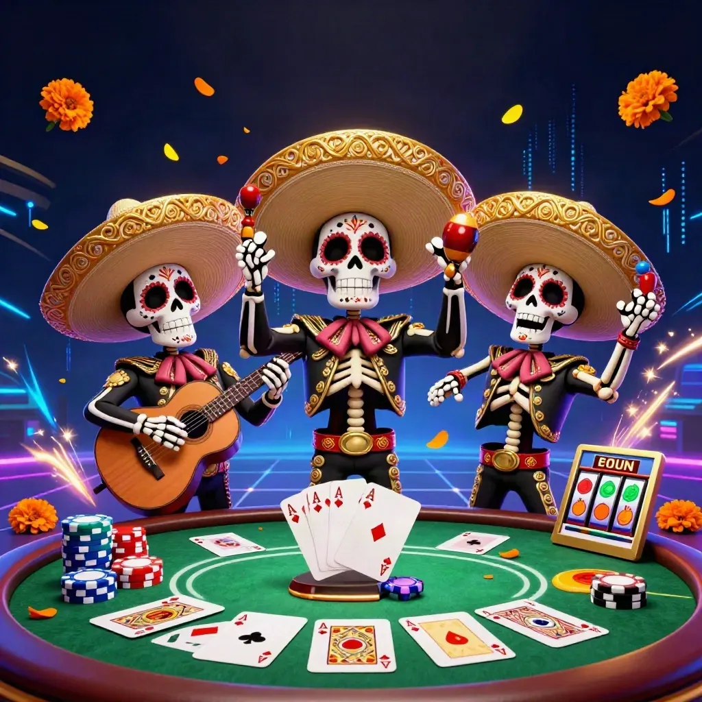 Skeleton mariachi trio at a poker table with chips, aces, neon effects, and slot symbols.