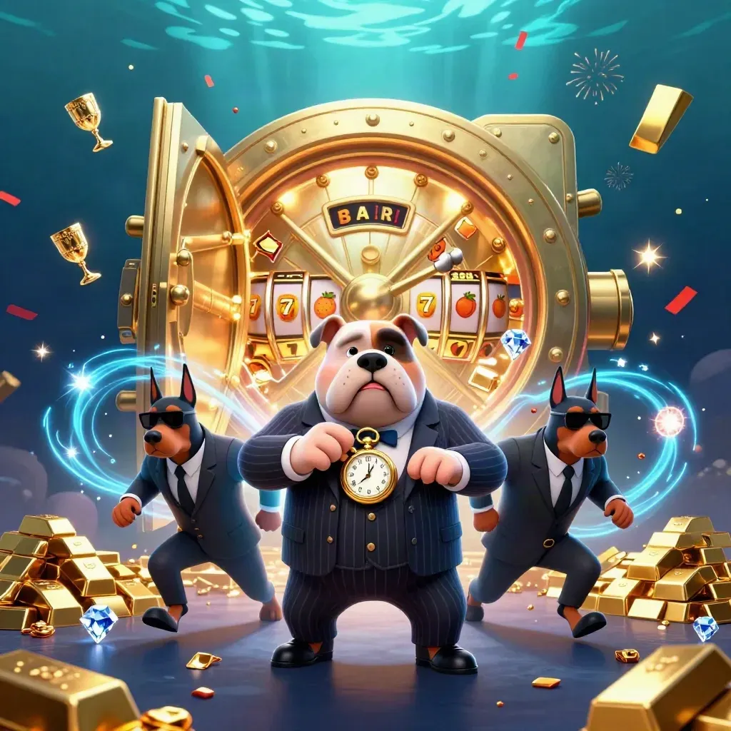 Bulldog boss and two Dobermans burst from a glowing gold vault amid gems, confetti, and blue light