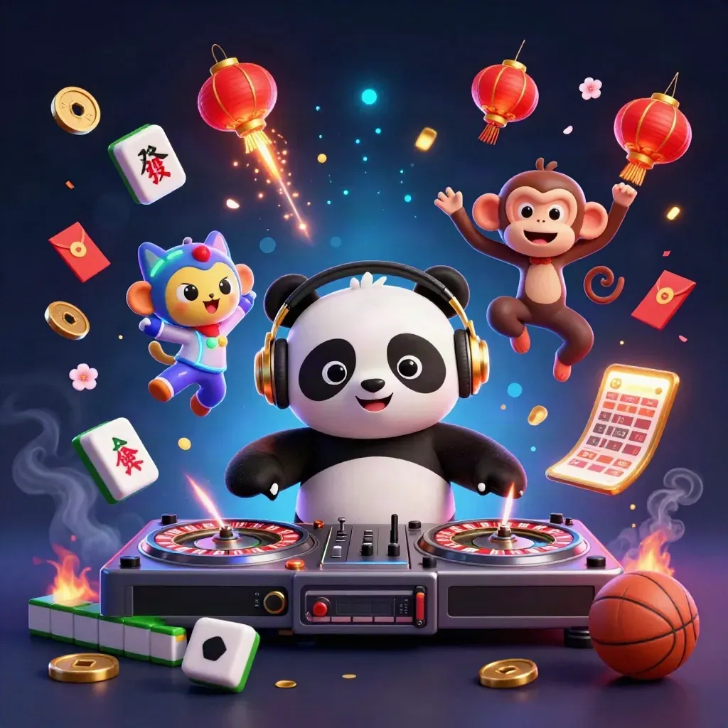 DJ panda, monkey, and glow-stick kitten amid casino fireworks, coins, and lanterns.