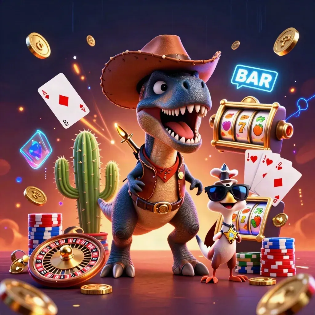 Cowboy T-Rex, cactus sidekick and sheriff roadrunner amid casino coins and glowing reels.
